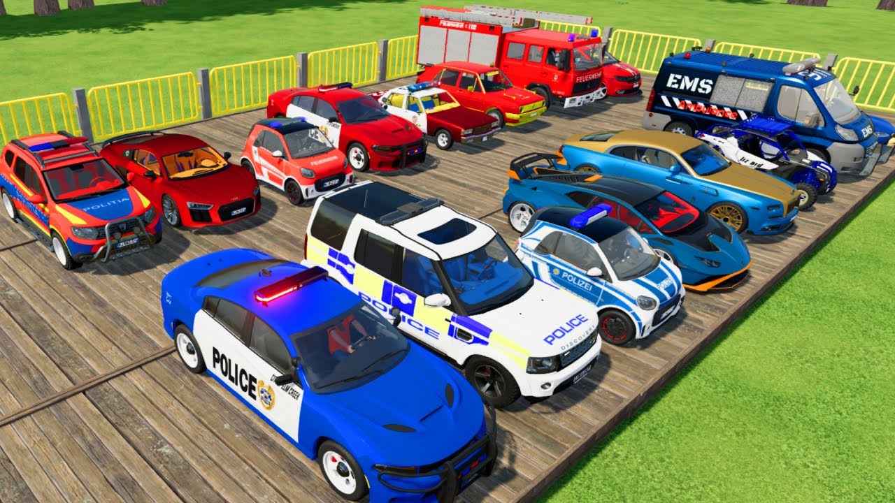 TRANSPORTING CARS, AMBULANCE, POLICE CARS, FIRE TRUCK OF COLORS! WITH TRUCKS! - FS 22
