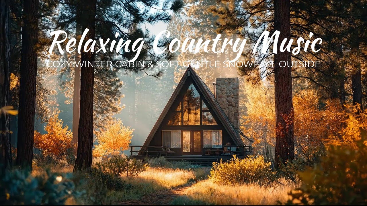 Relaxing Country Music | Cozy Winter Cabin & Soft Gentle Snowfall Outside