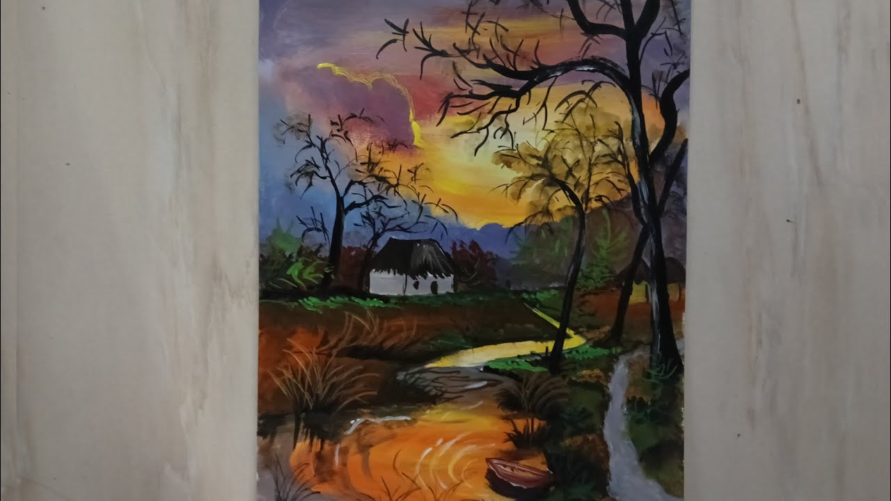 Morning sunset  painting / beautiful river land painting 