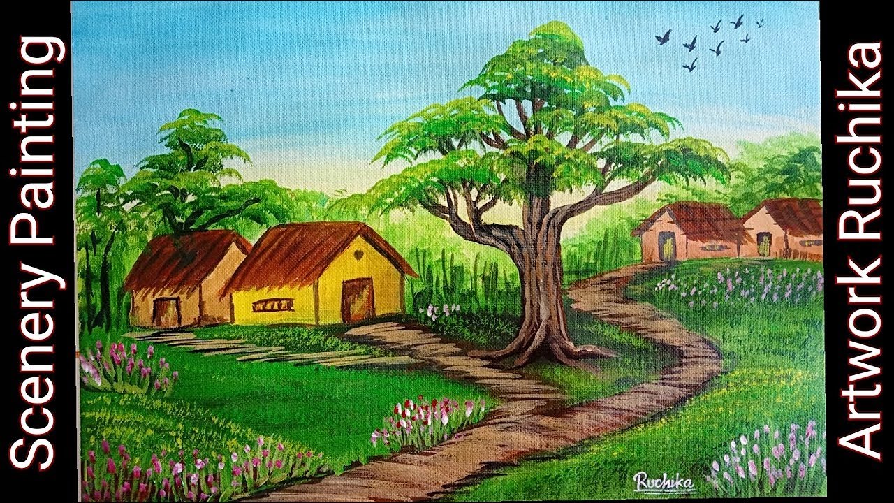 Four Hut Scenery Painting | Acrylic Painting Tutorial