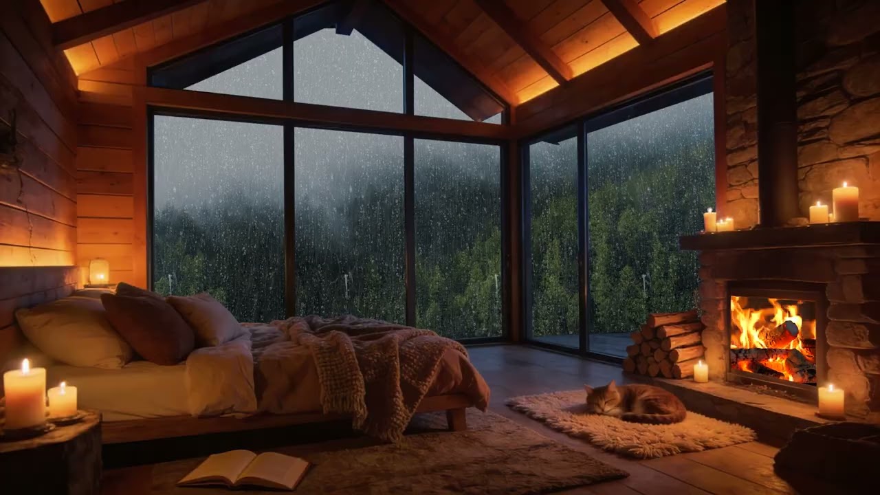 Notte Piovosa nella Cabina 🌧️ Pioggia sul Vetro, Letto Caldo e Gatto che Dorme (3 Ore)
