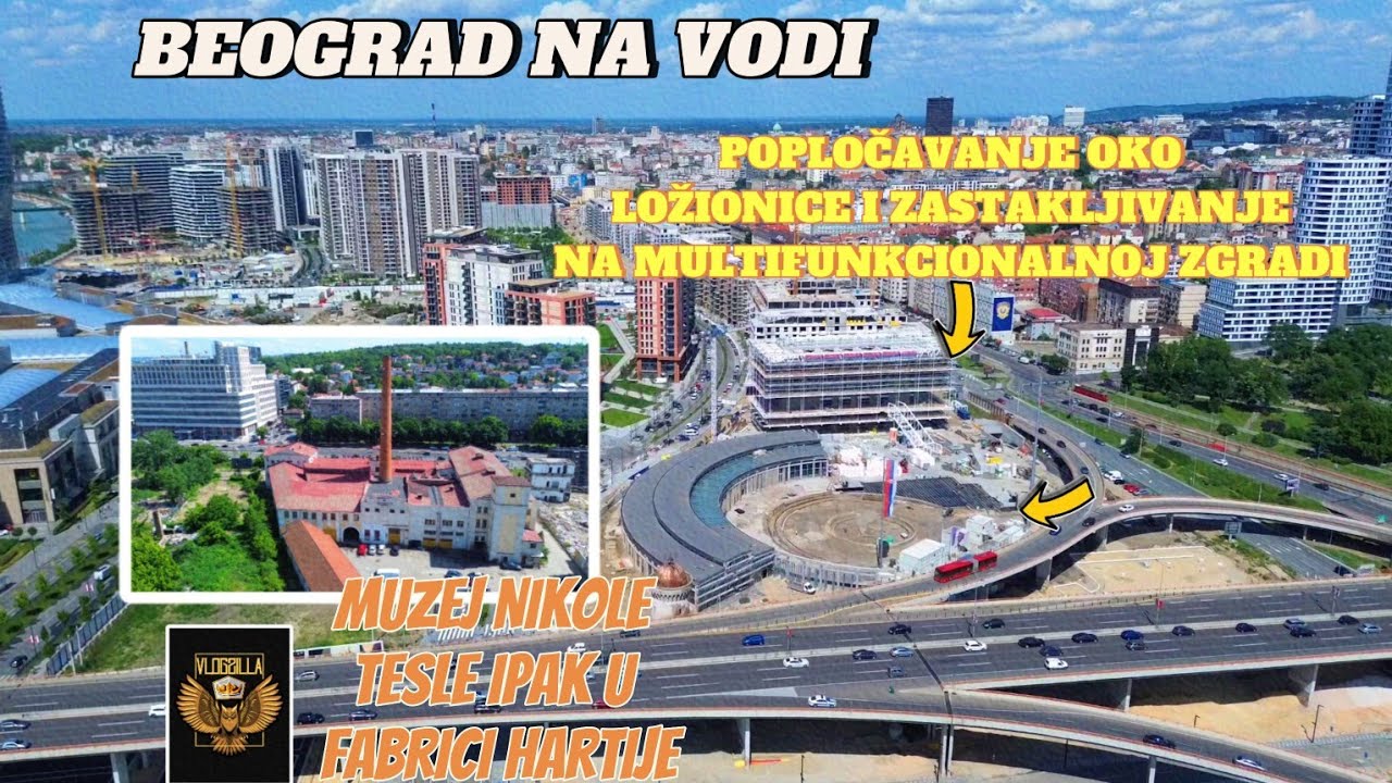 Beograd na vodi-muzej Nikole Tesle u zgradi Jugošpeda,stakla na Multi zgradi,rad u prilazu Lozionici