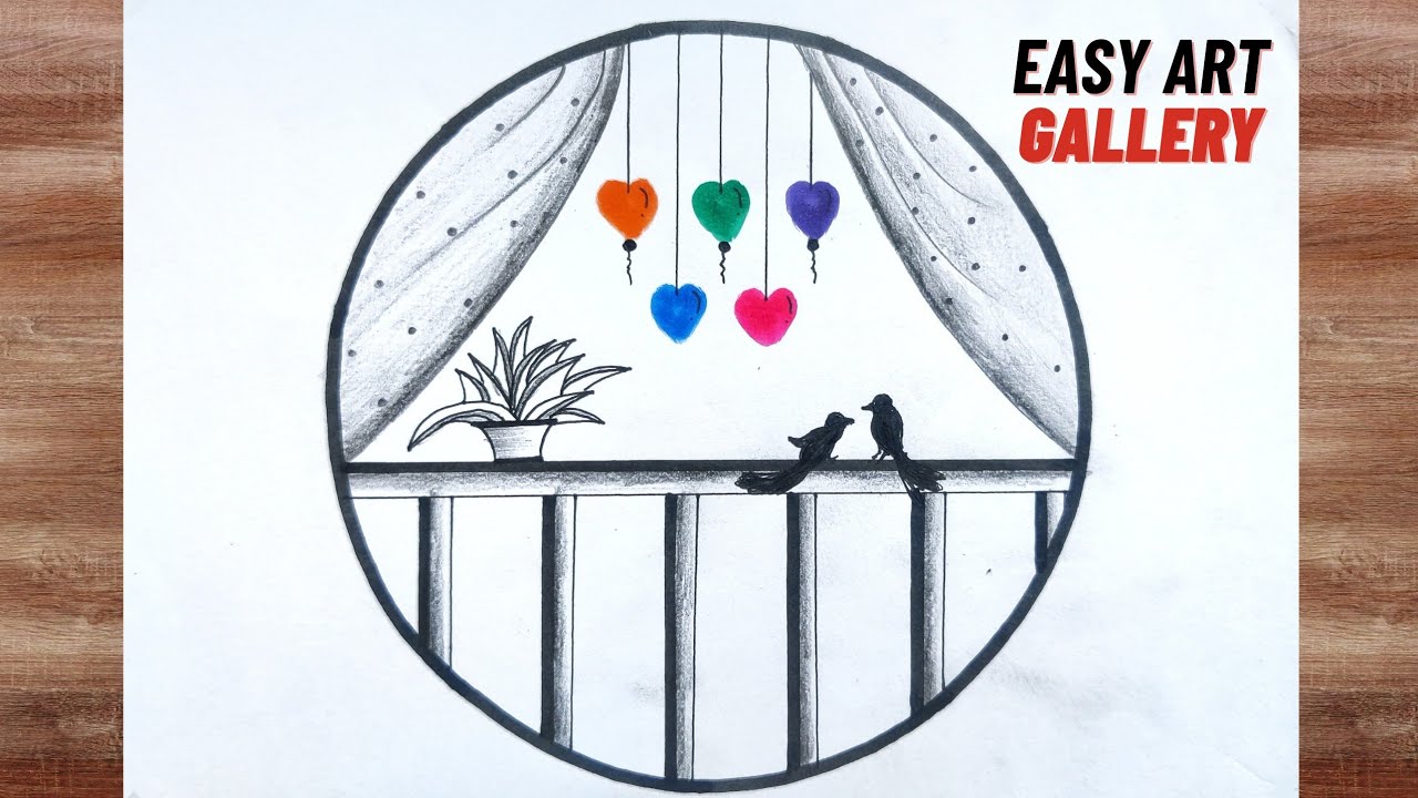 Circle Drawing of Two Loving Bird Sitting on Balcony || Learn How to Draw || Easy Art Gallery 