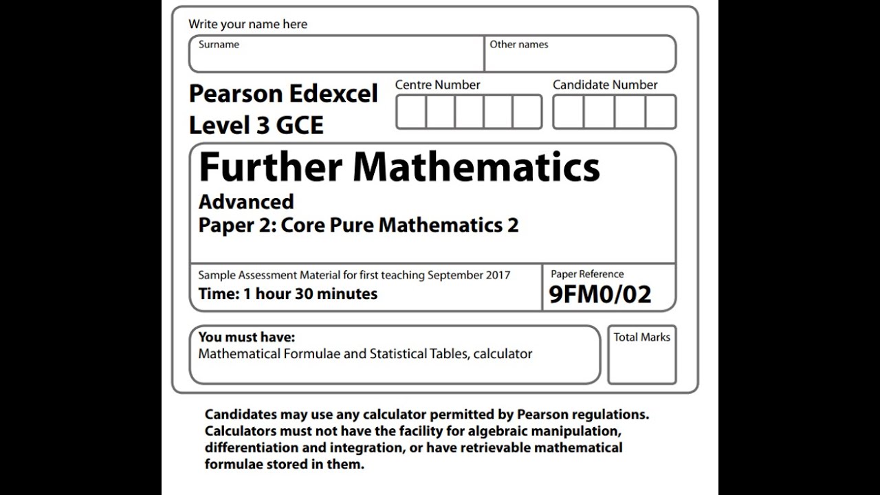 Основная чистая бумага 2 Образец Pearson Edexcel A-уровень Высшая математика