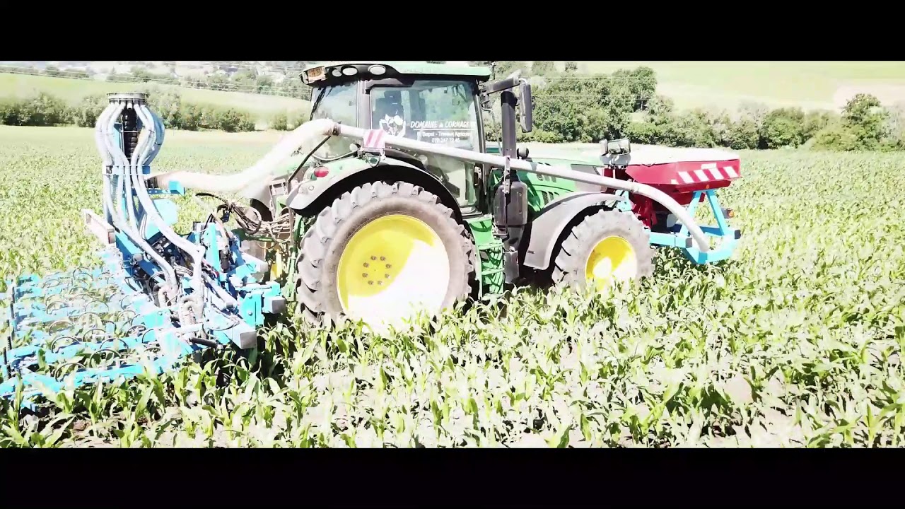Sarclage/binage de maïs avec apport d'engrais localisé John Deere 6R et sarcleuse Carré
