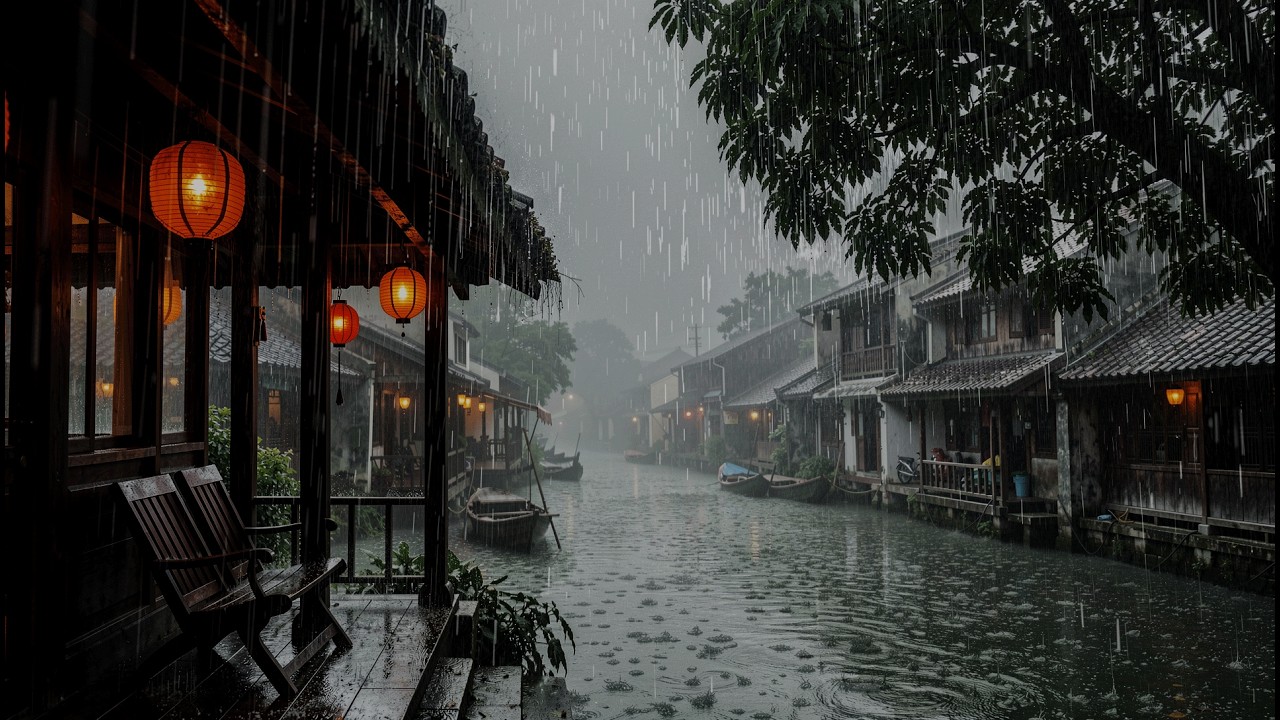 Relax and calm down on the peaceful river scene with the heavy rain, letting everything just flow by