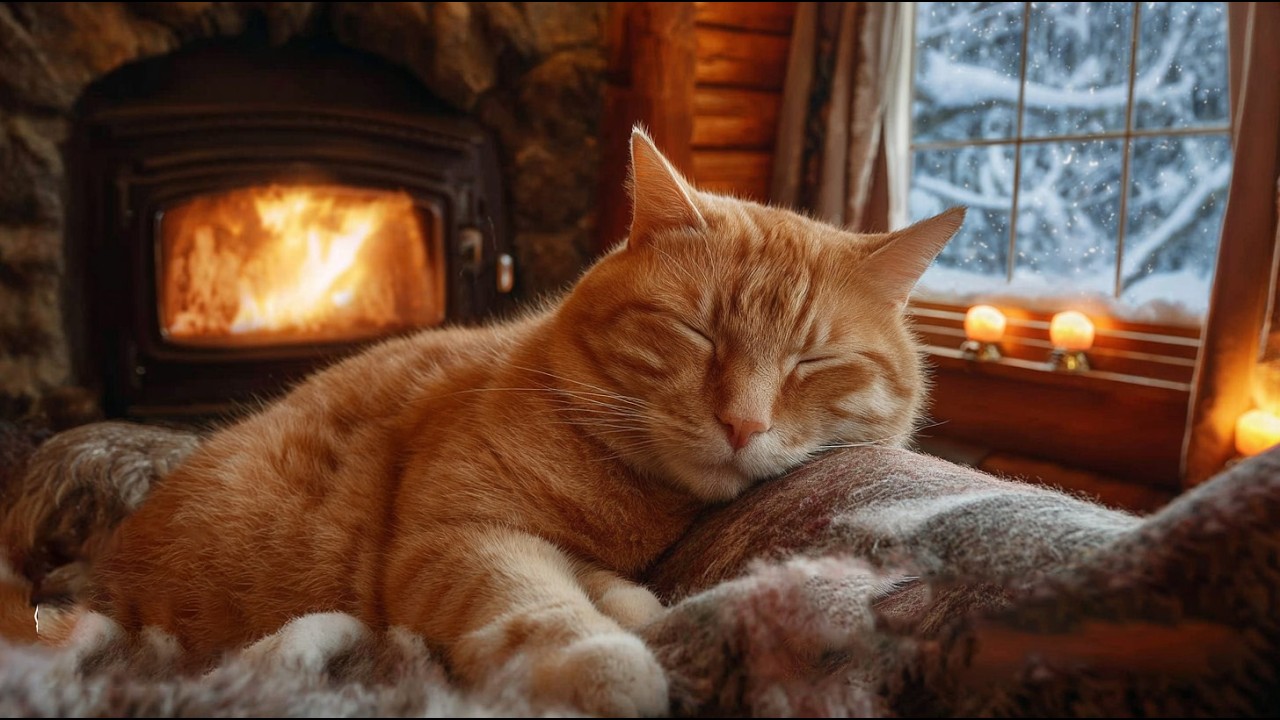 Cozy Purring Cat ASMR | Peaceful Evening Fireplace and Gentle Purr