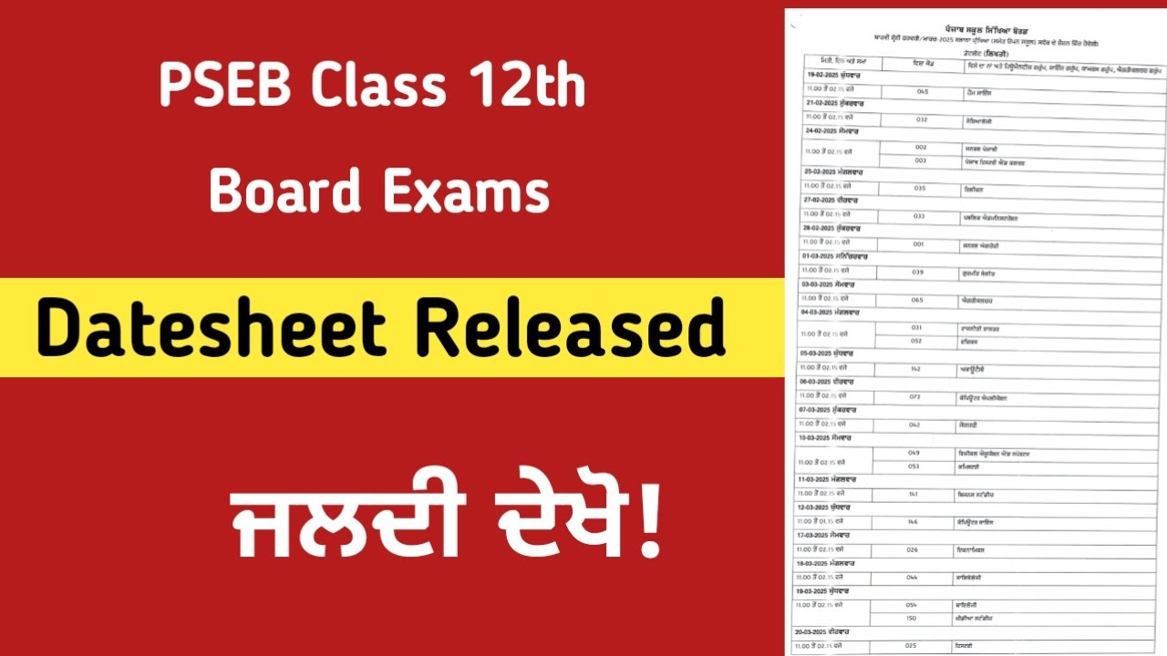 class 12 datesheet released pseb class 12th final exam date sheet 2025 board exam 12th class 2024 25