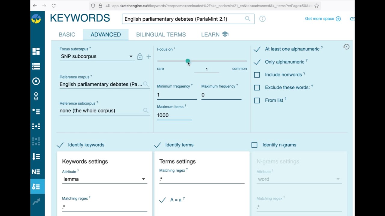 Keyword analysis with a subcorpus in Sketch Engine