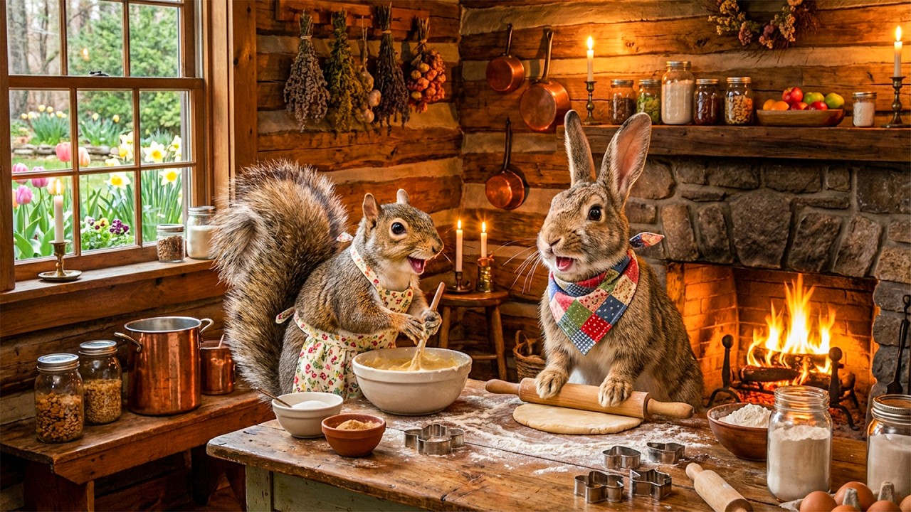 Baking with Bunny & Squirrel | Soft Piano Music & Fireplace Ambience for Cozy Relaxation & Focus