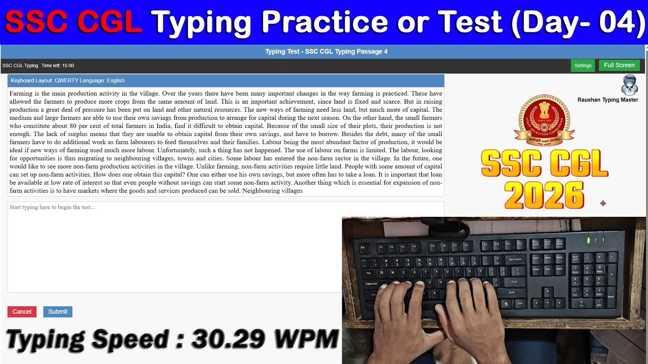 SSC CGL Typing Practice Day- 04 | 30.29 WPM with 99.25% Accuracy #typingmitra #raushantypingmaster