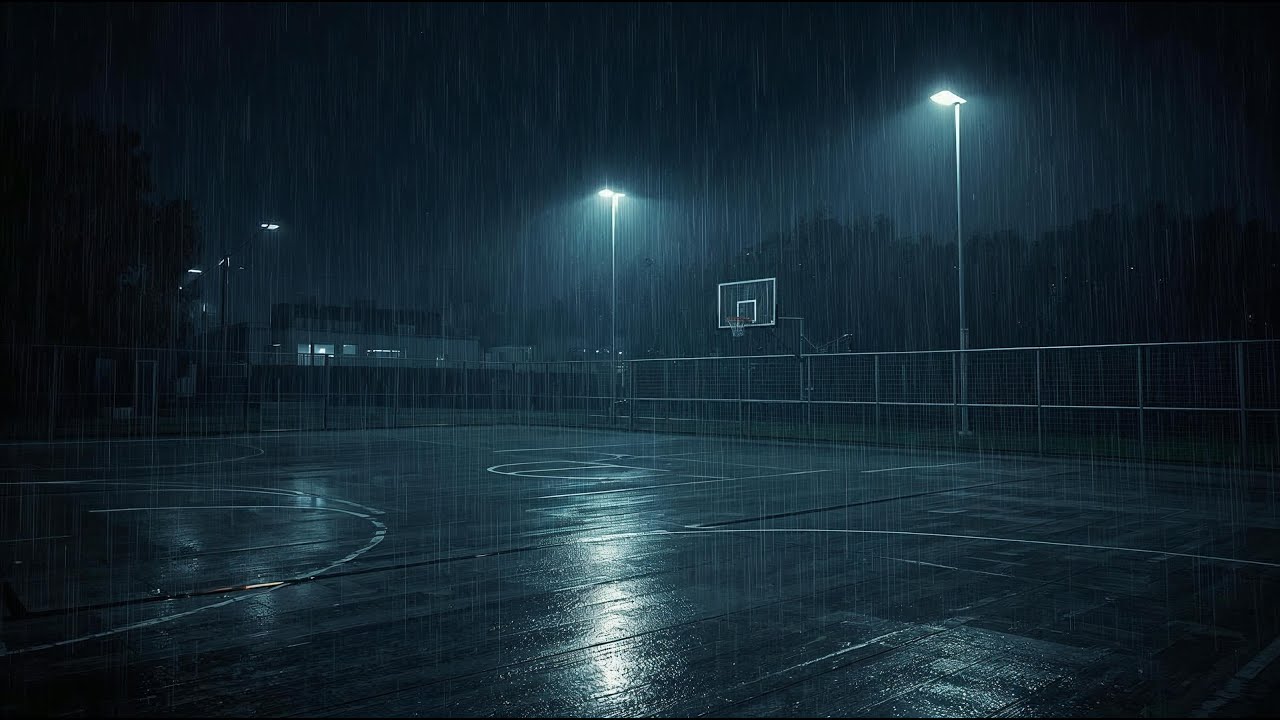 Rainy Ambience Basketball Outdoor Court at Night (4K) | After The Whistle