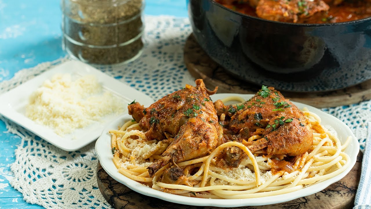 Greek Chicken Stew over Pasta: Corfu Chicken Pastitsada