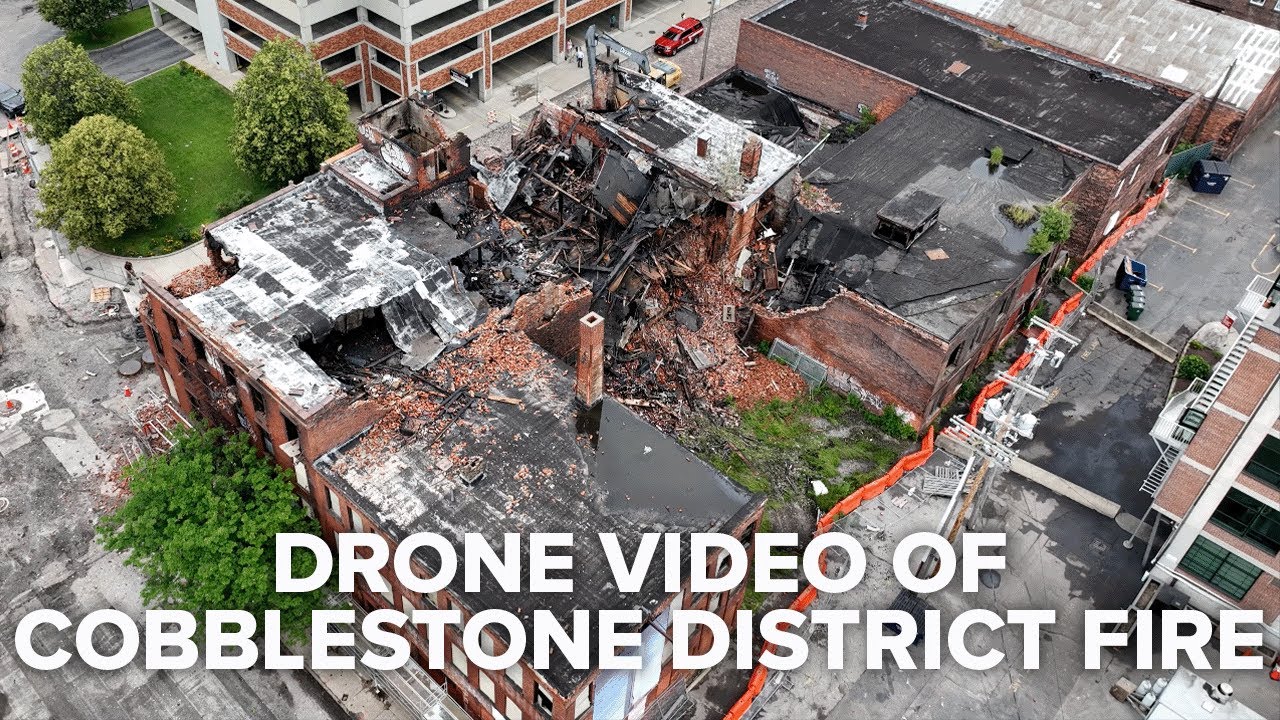 Drone video of fire at a property in Buffalo's Cobblestone District