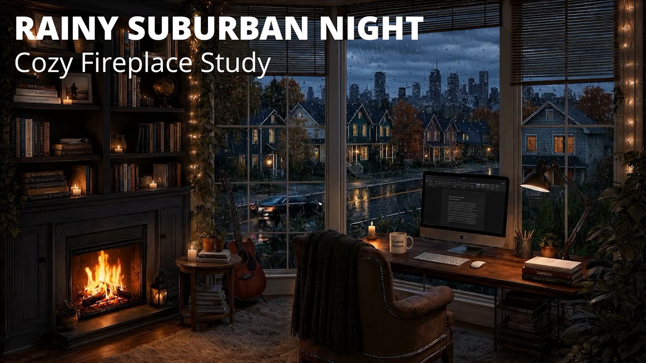 Cozy Suburban Study Room 🌧️ Fireplace Thunder for Focus, Study & Relaxation