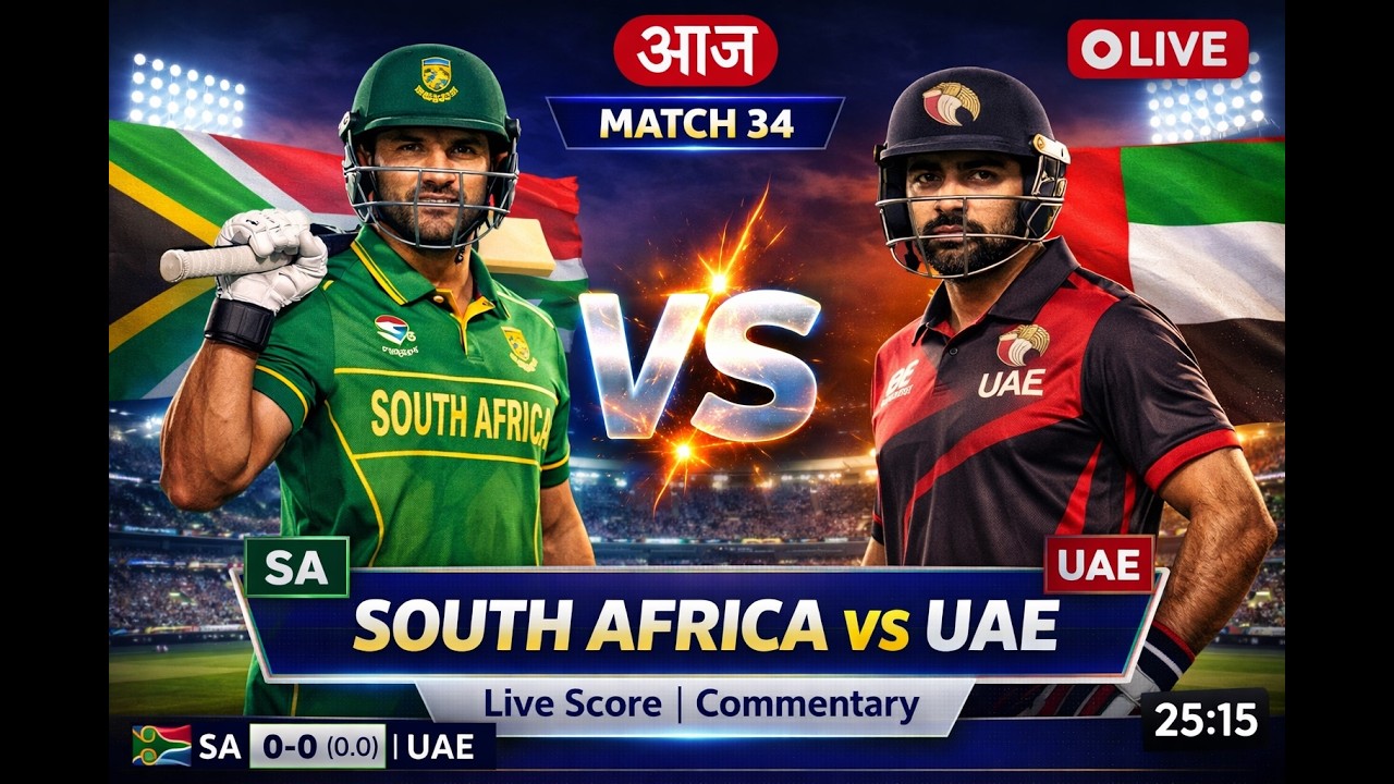 🔴 LIVE: South Africa vs UAE | Match 34 Live Cricket Today 🏏 | SA vs UAE Live Score & Commentary