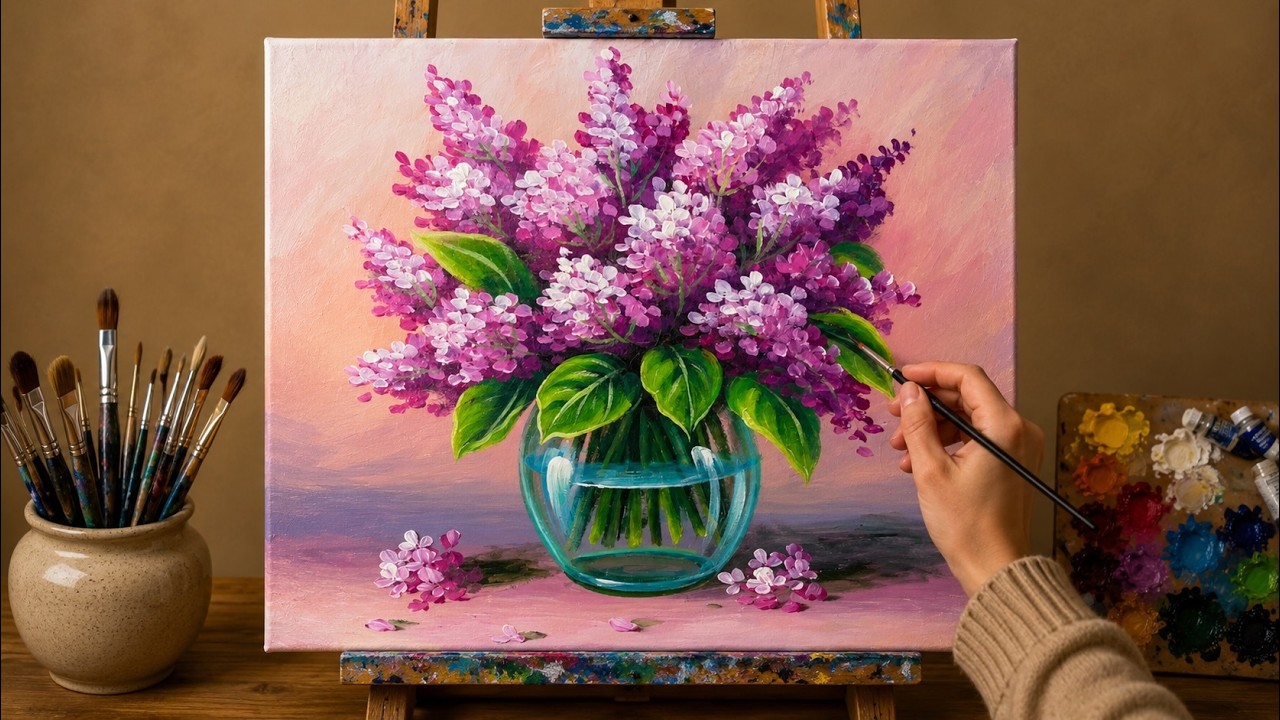 DIY - How to Paint a Beautiful Lilac Bouquet in a Glass Vase | Easy Acrylic Painting Tutorial