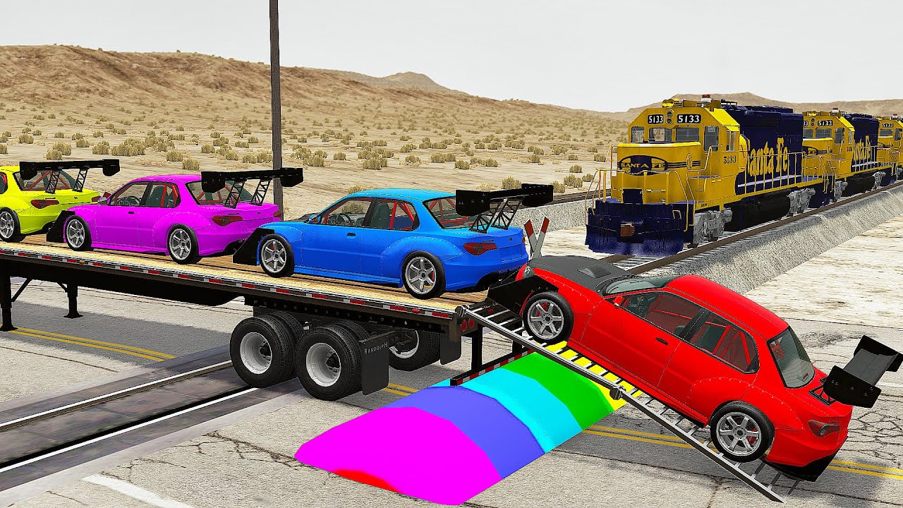 Funny Cars vs Train | Truck Man Flatbed vs Train - Beamng.Drive #13