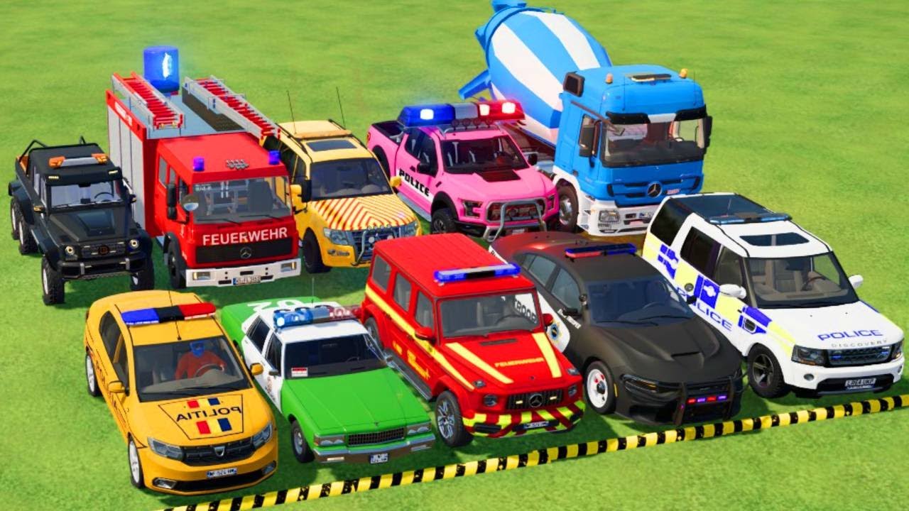 TRANSPORTING POLICE CARS, AMBULANCE, FIRE TRUCK, COLORFUL CARS WITH TRUCK -FARMING SIMULATOR 22!