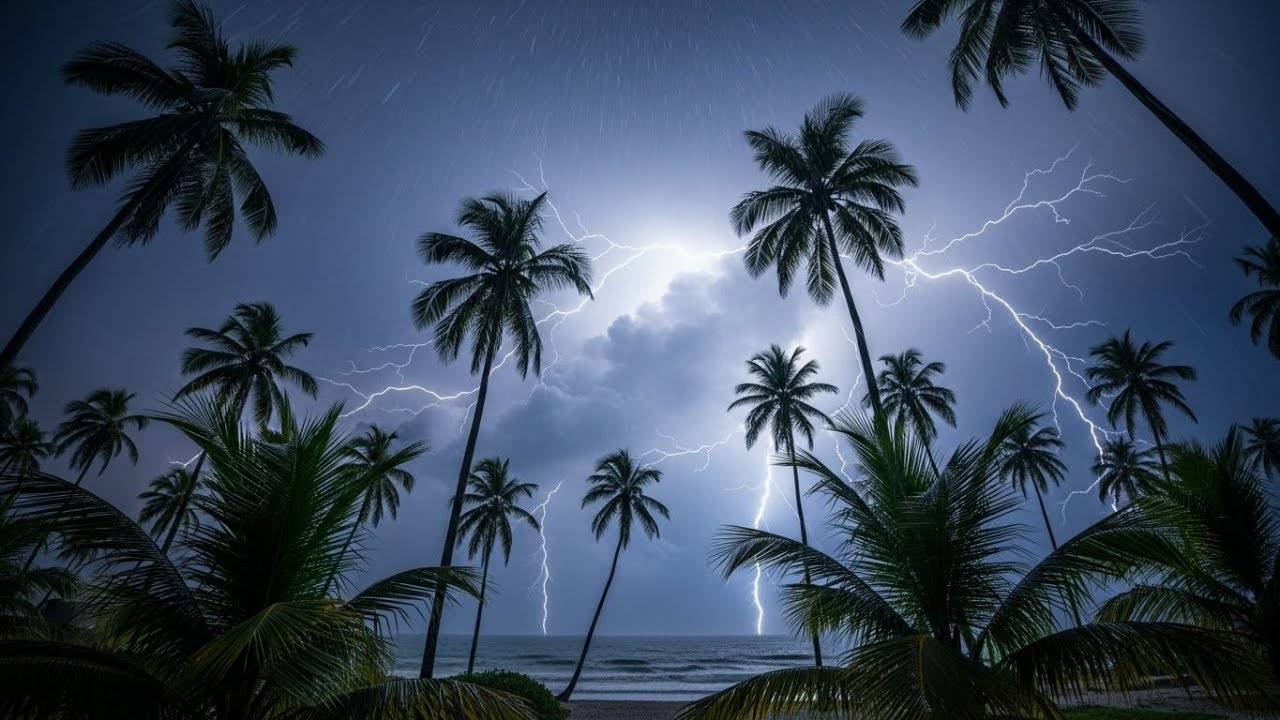POV Tropical Night Rain Under Palm Trees • Soft Lightning & Heavy Rain Ambience