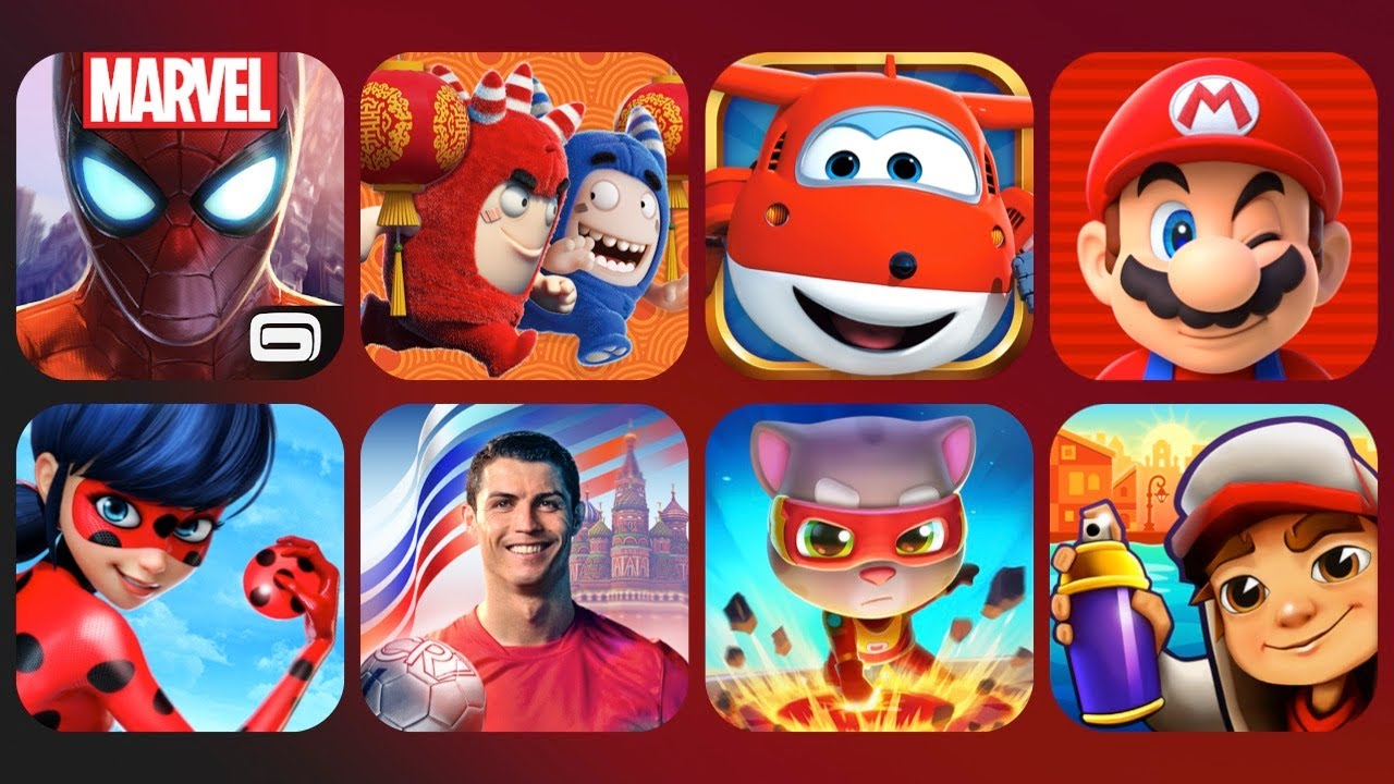 Spiderman, Oddbods, Super Wings, Mario Run, Miraculous Ladybug, Ronaldo Kick N Run, Subway Surfers