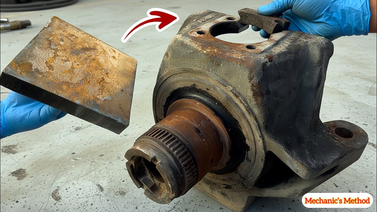 crazy mechanic: dangerous job repair the broken wheel housing of the excavator in an interesting way