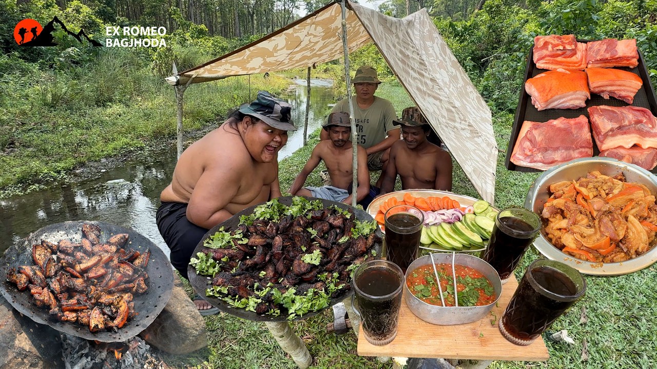 Pork Belly Smokey Flavour Outdoor Cooking in Open Fire Near River Jungle Camping Cook DELICIOUS Pork