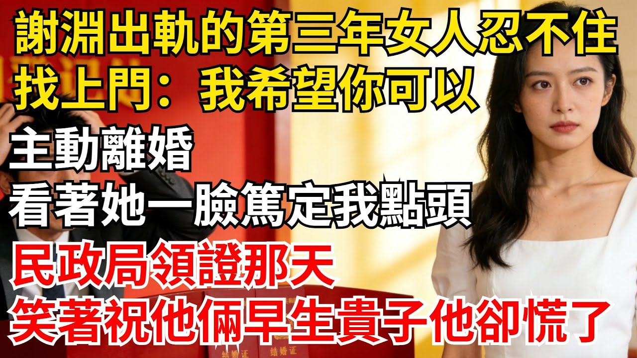 謝淵出軌的第三年女人忍不住，找上門我希望你可以，主動離婚，看著她一臉篤定我點頭，民政局領證那天，笑著祝他倆早生貴子他#女頻爽文#家庭倫理#婆媳過招