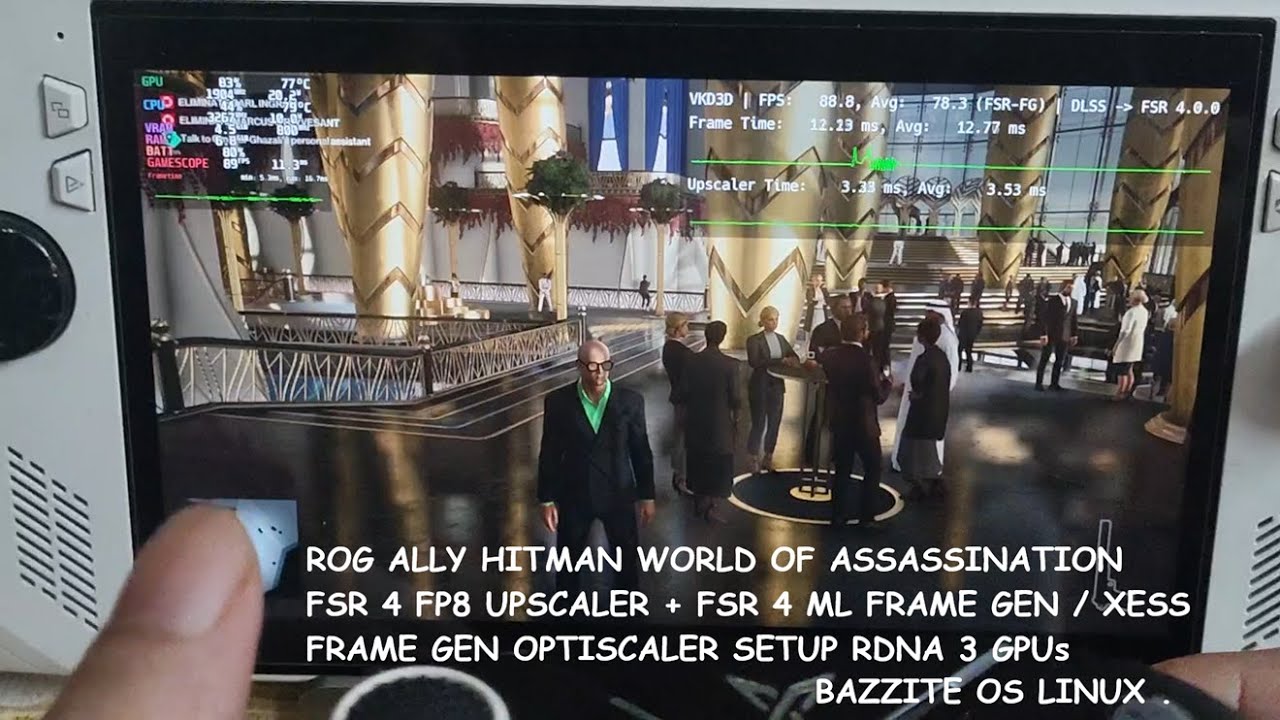 Rog Ally Hitman World of Assassination FSR 4 FP8 Upscaler + FSR 4 MLFG / XeSS FG Setup Bazzite Linux