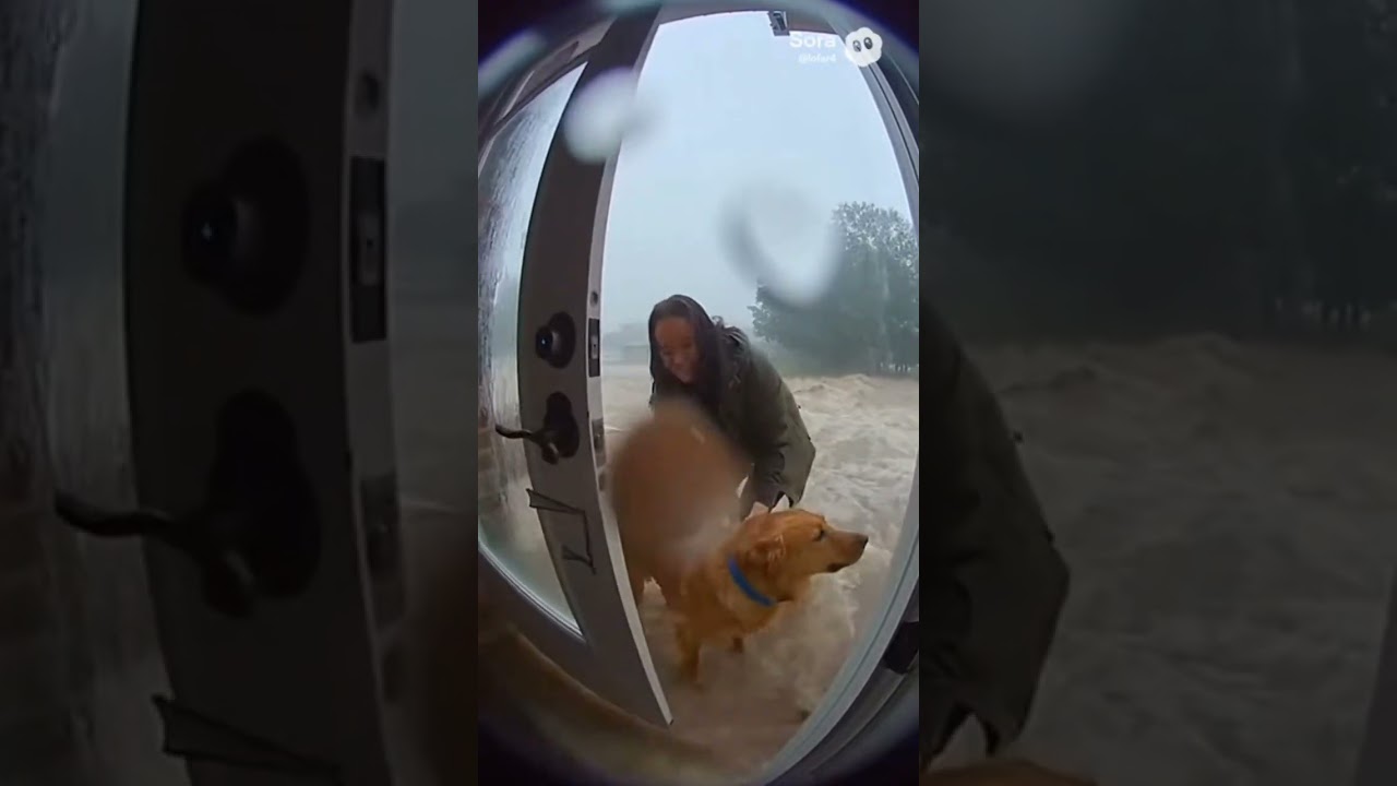 FLASH FLOOD HITS THE PORCH IN SECONDS 🌊😱DOG RESCUE CAUGHT ON RING CAMERA #viralvideo #dog #aivideo