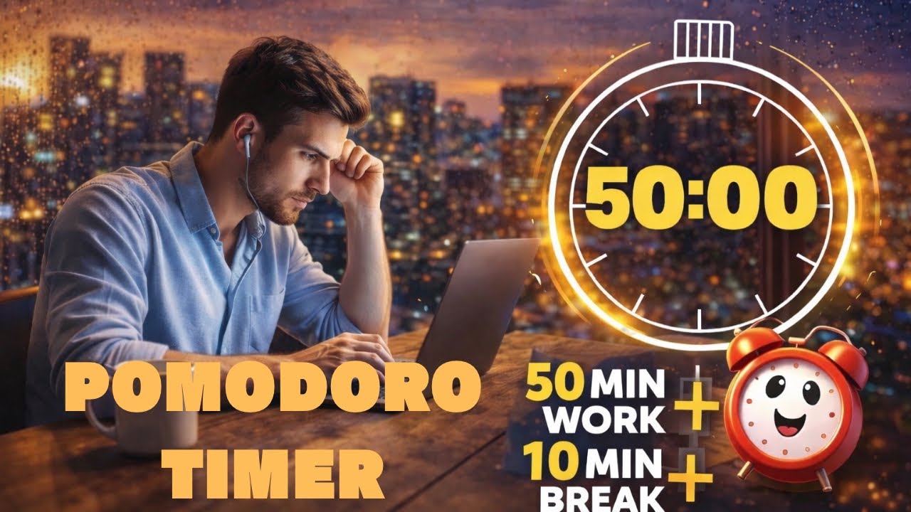 Rainy City Evening ☔ Rain Sounds for Deep Focus | 50/10 Pomodoro Timer (2 Hours) | No Distractions