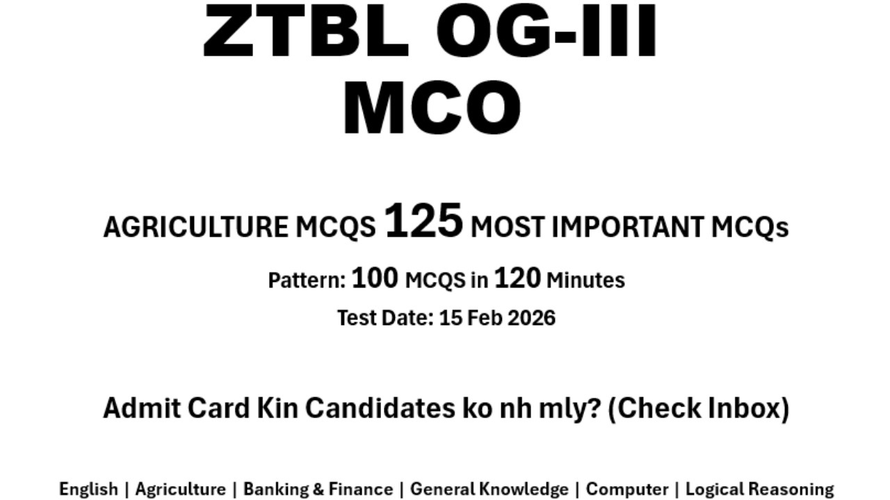 ZTBL OG-III MCO Agriculture MCQs  | Mock Test 1 | ZTBL OG3 Test Preparation |