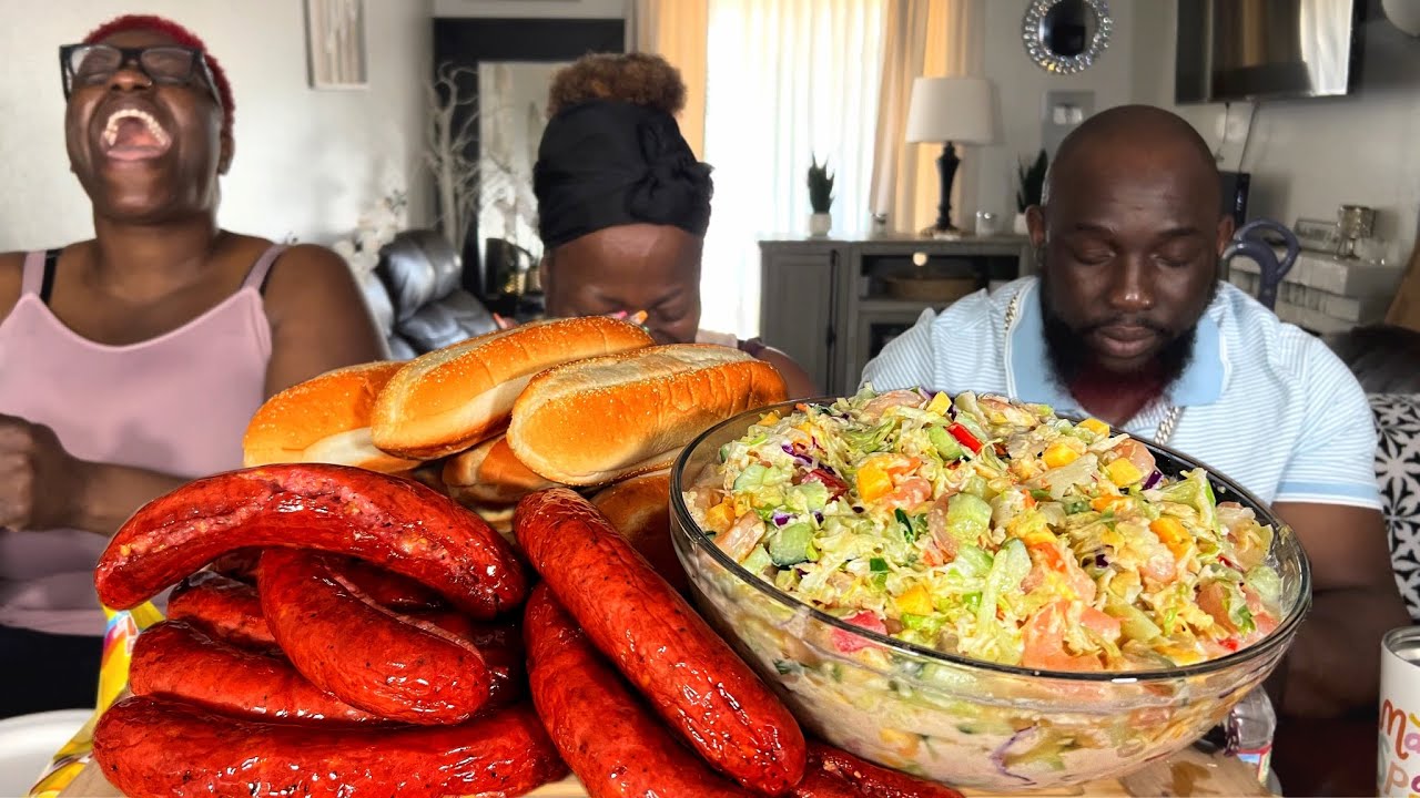 WE ARE BACK TOGETHER|| CHEESY SMOKED SAUSAGES ||SEAFOOD COLESLAW|| MUKBANG EATING SHOW!!
