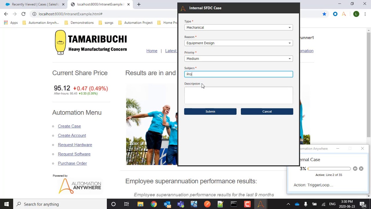 Automation Anywhere embedded into company intranet