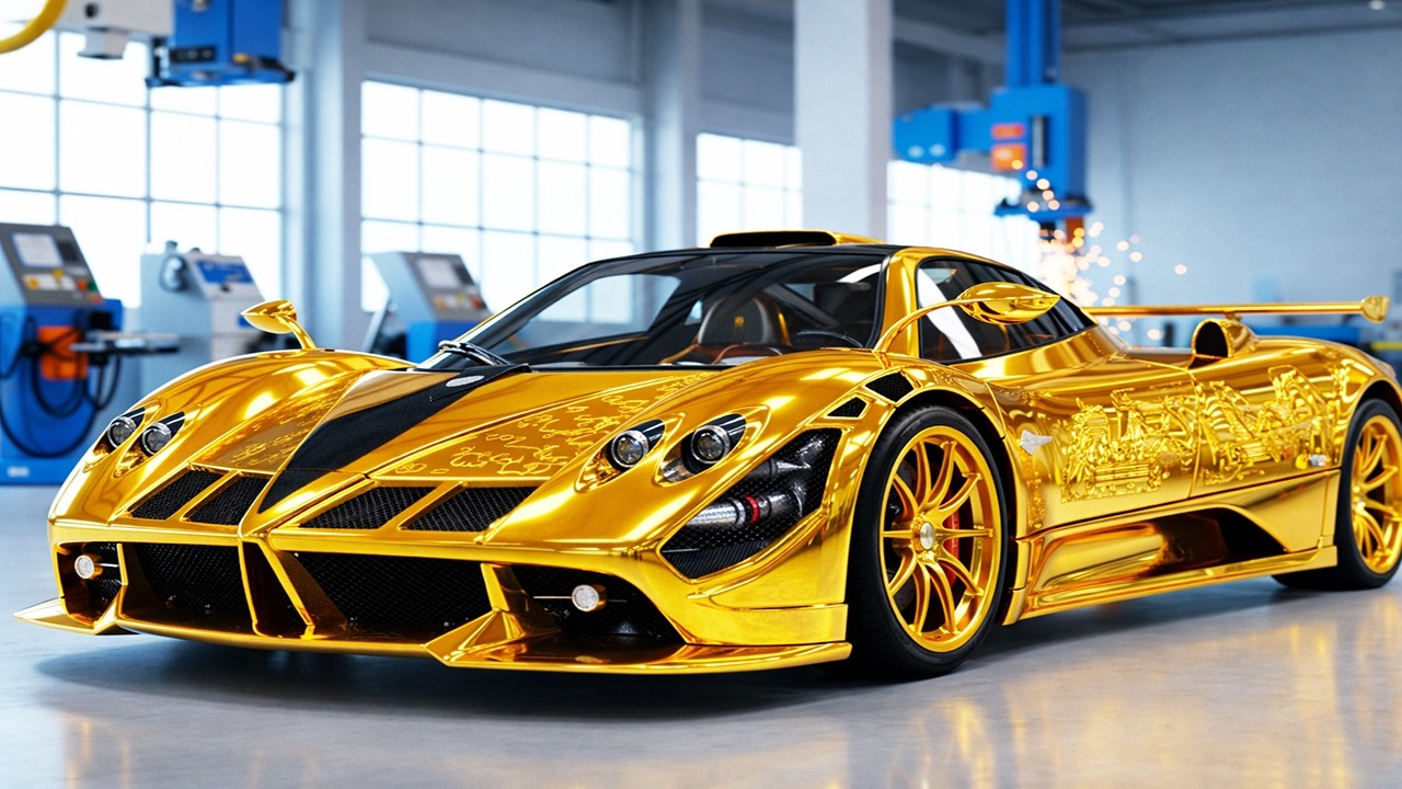 The process of crafting the Pagani Zonda HP Barchetta from gold bars.