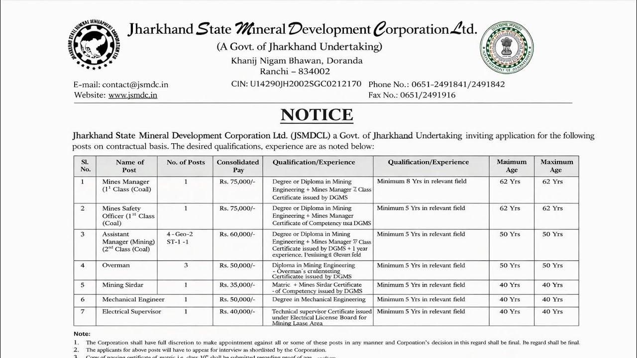 JSMDCL Recruitment 2026: झारखंड माइनिंग विभाग में सीधी भर्ती | Mining Sirdar, Overman & Manager Post