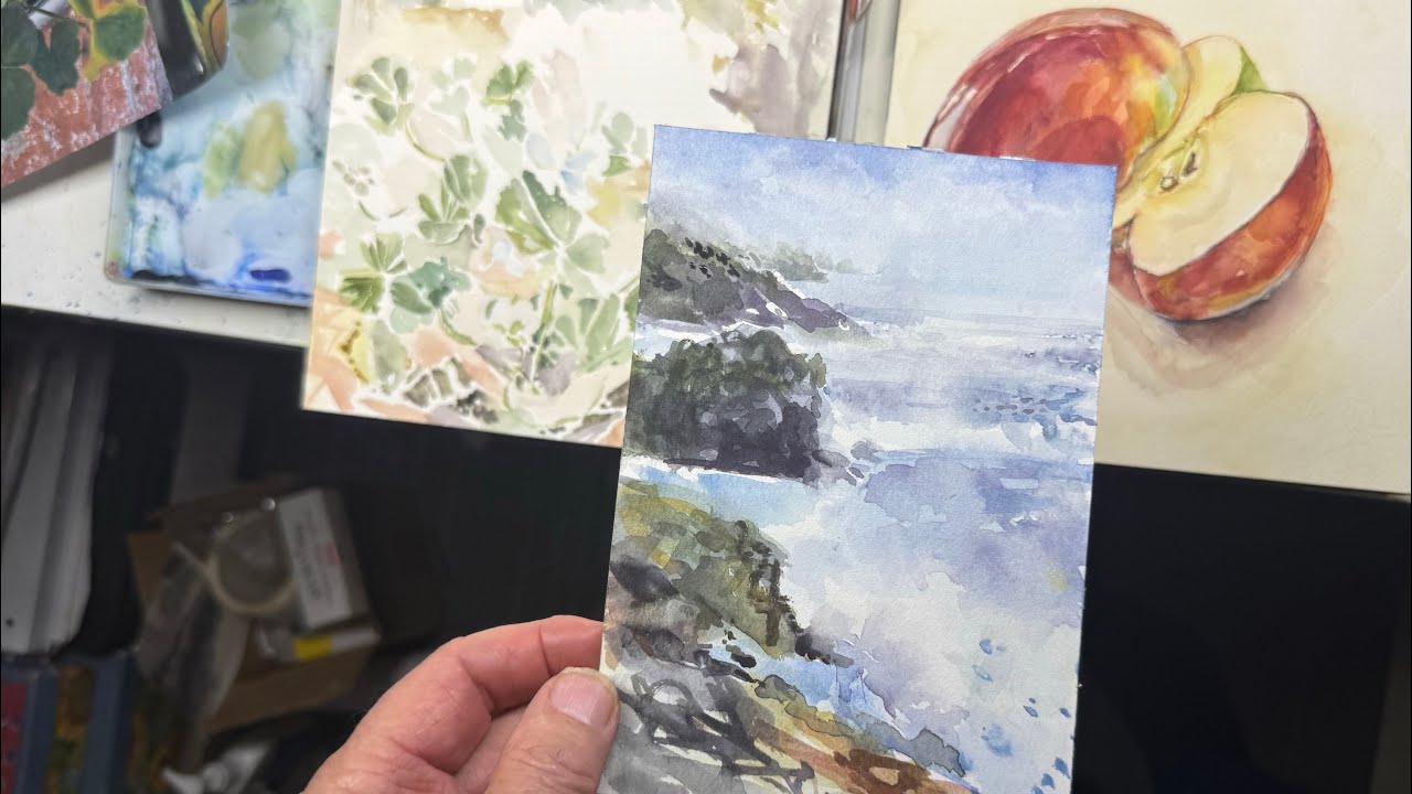 Flower, Seascape, and apple WIP’s real time, watercolor painting 