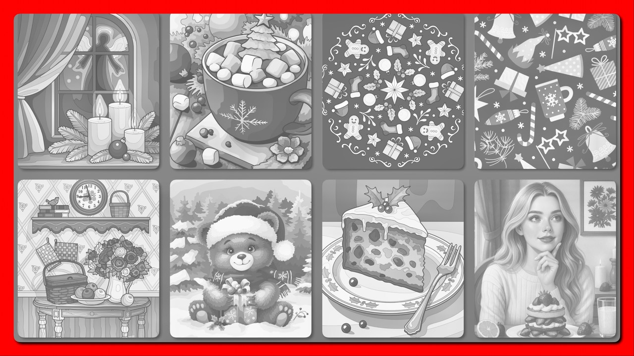 Coloring Pictures Holiday Cozy Collage Hot Chocolate Candles Hey Color #relaxmindgames #coloringfun