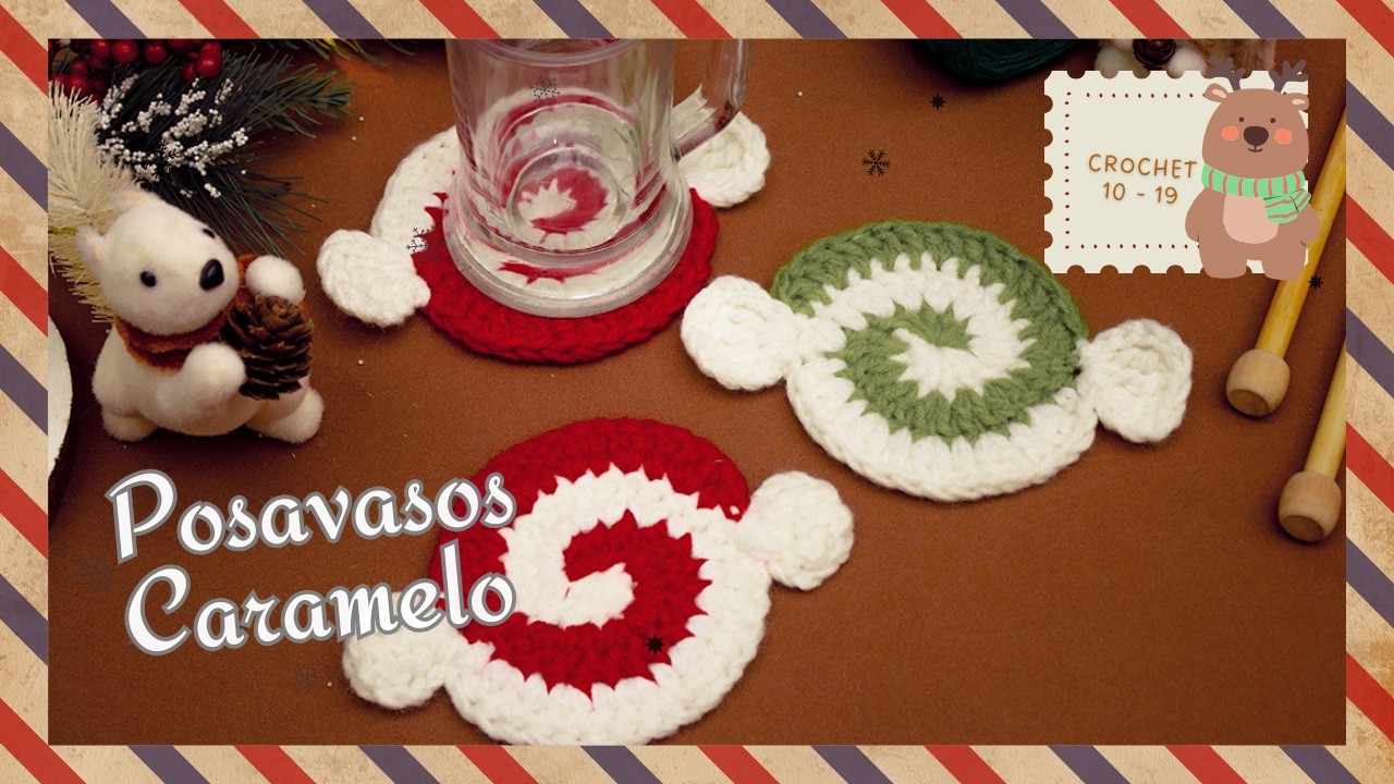 POSA VASOS NAVIDEÑO | Diseño de Caramelo - (Tejido a Crochet)