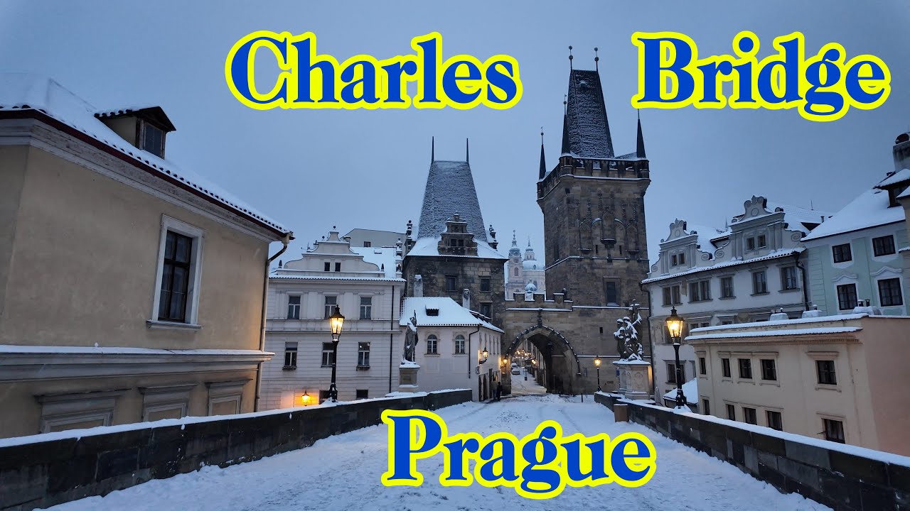 Prague Charles Bridge to Old Town Square in the snow --- 4k60 HD Walking Tour