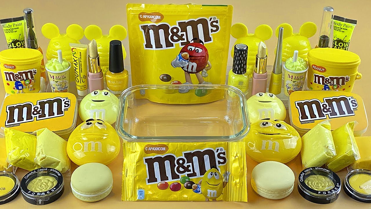 M&M's YELLOW SLIME | Mixing makeup and glitter into Clear Slime | Satisfying Slime Videos 1080p