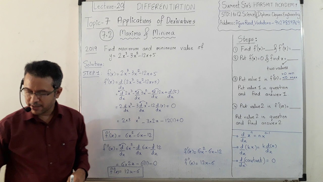 Differentiation Lecture 20 | applications of derivatives | Maxima and minima values | Diploma Maths