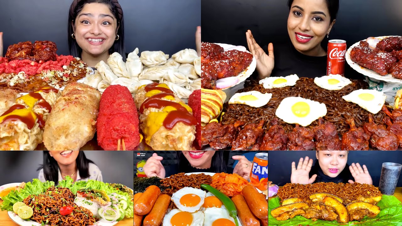 Asmr:Eating Spicy korean Black Bean Noodles,Cheesy Corndog,Sunny Sideup Eggs,Korean Fried Chicken🔥