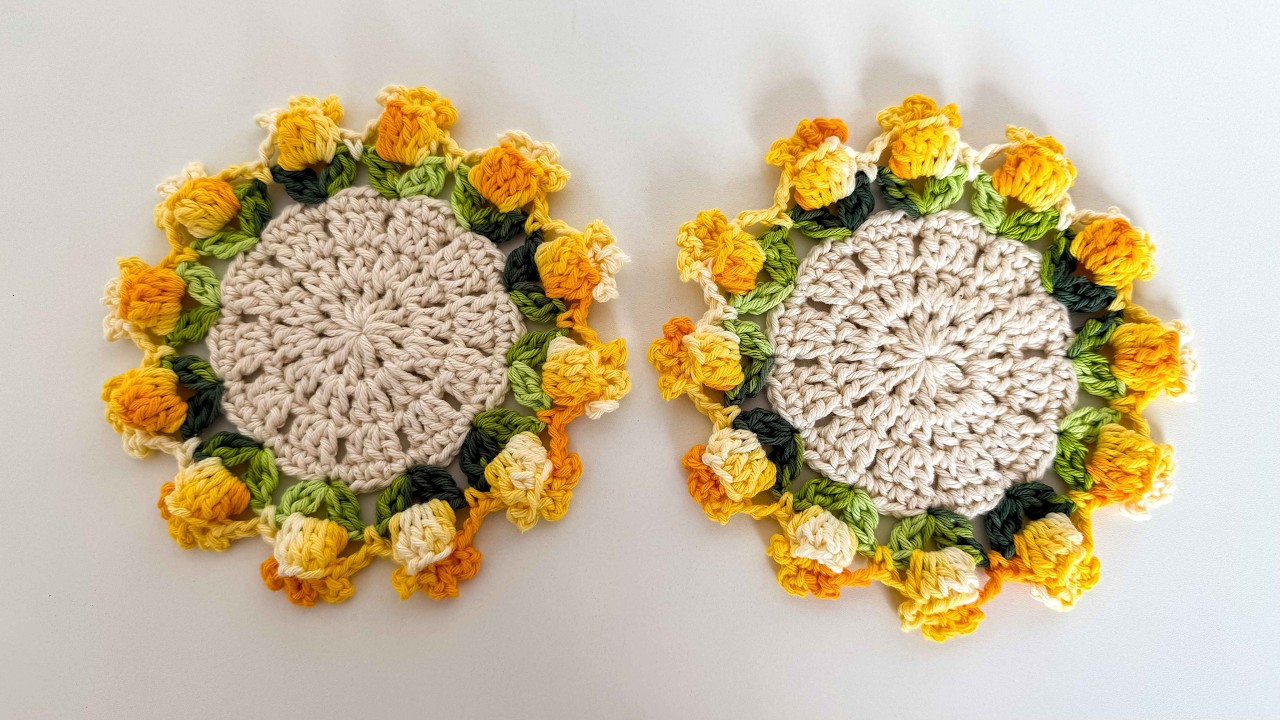 V&iacute;deo aula Porta Copo TULIPAS de croch&ecirc; PARA VENDER MUITO modelo do Sousplat tulipas com base pizza