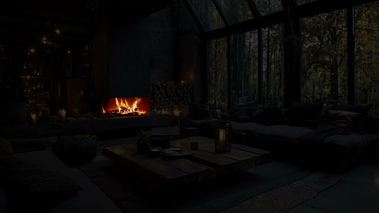 Forest Rain and Mist Under Dark Skies | Cozy Fireplace Indoors Ambience Nature Rain Sounds