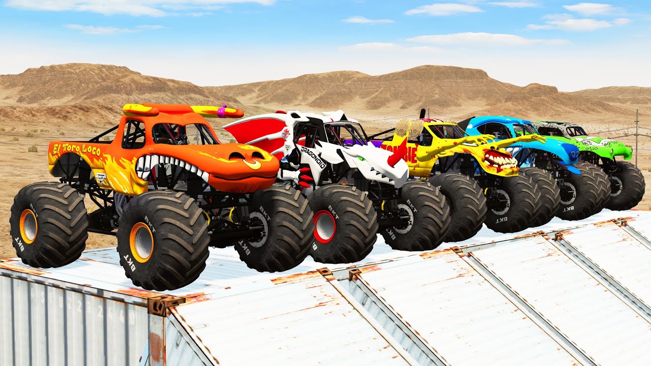 Big Monster Trucks Transport Triple Flatbed with Color Slide