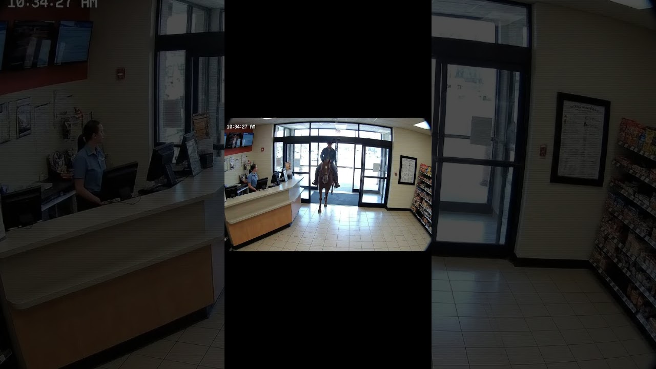 Man on a horse enters in a store