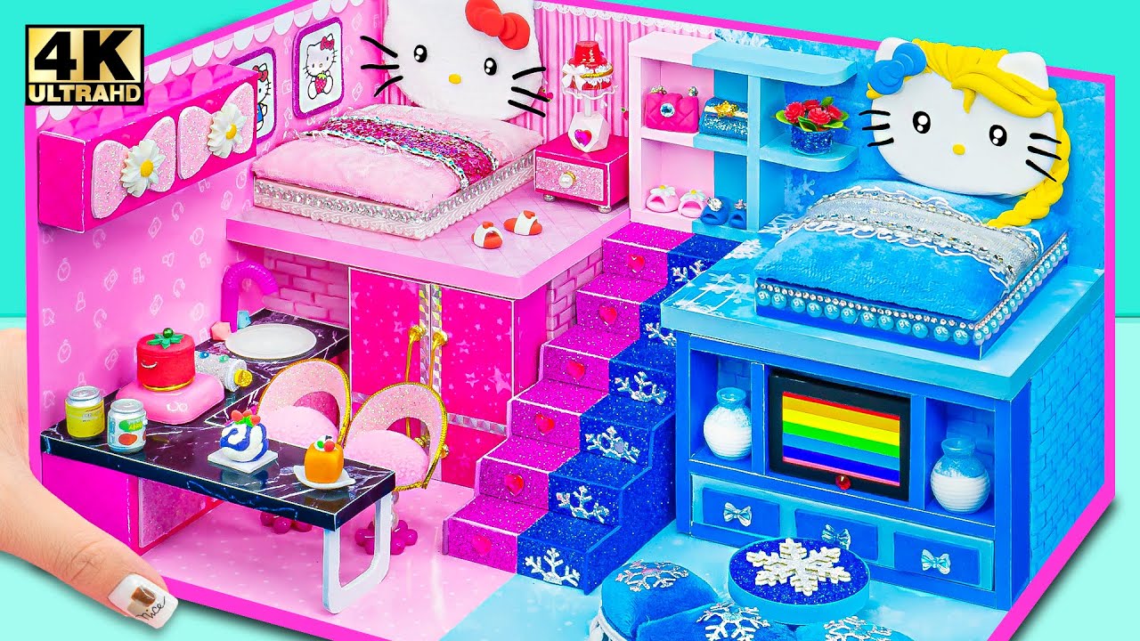 Build Simple Hello Kitty vs Frozen House in Hot and Cold Style From Cardboard ❄️ DIY Miniature House