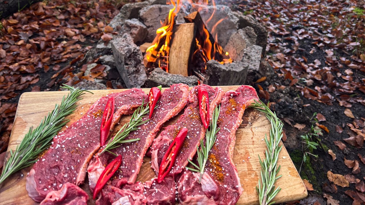 Cooking Meat Outdoors in Autumn Forest | ASMR Camping