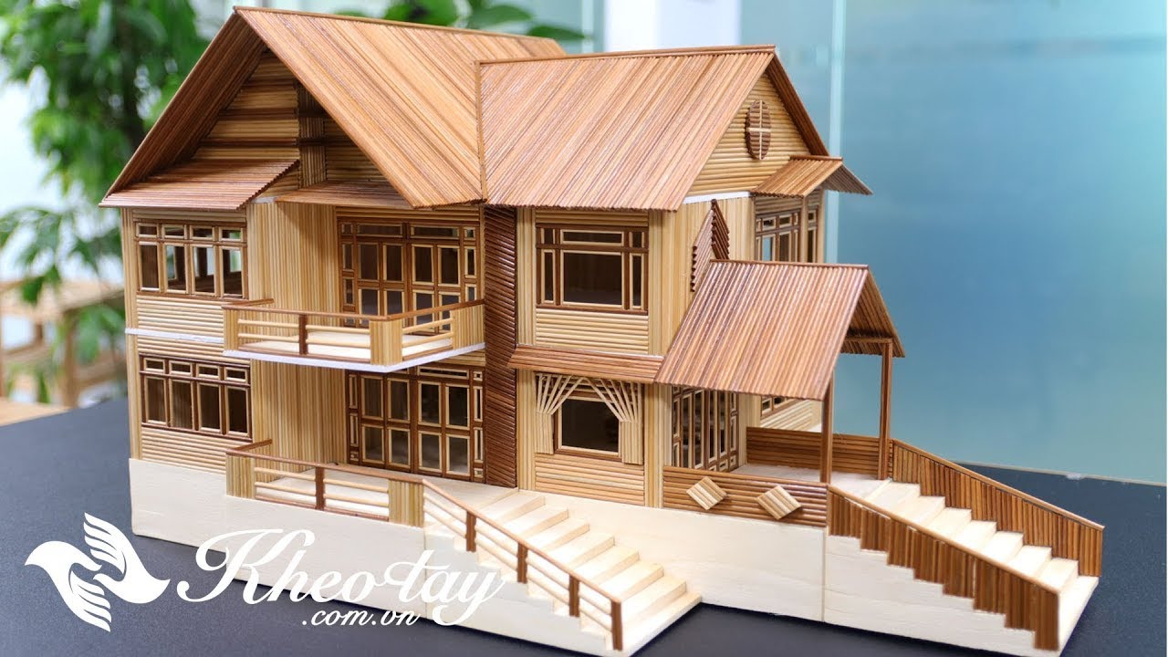 Cách làm biệt thự tăm tre 2 tầng với tăm nâu và tăm trắng mô hình